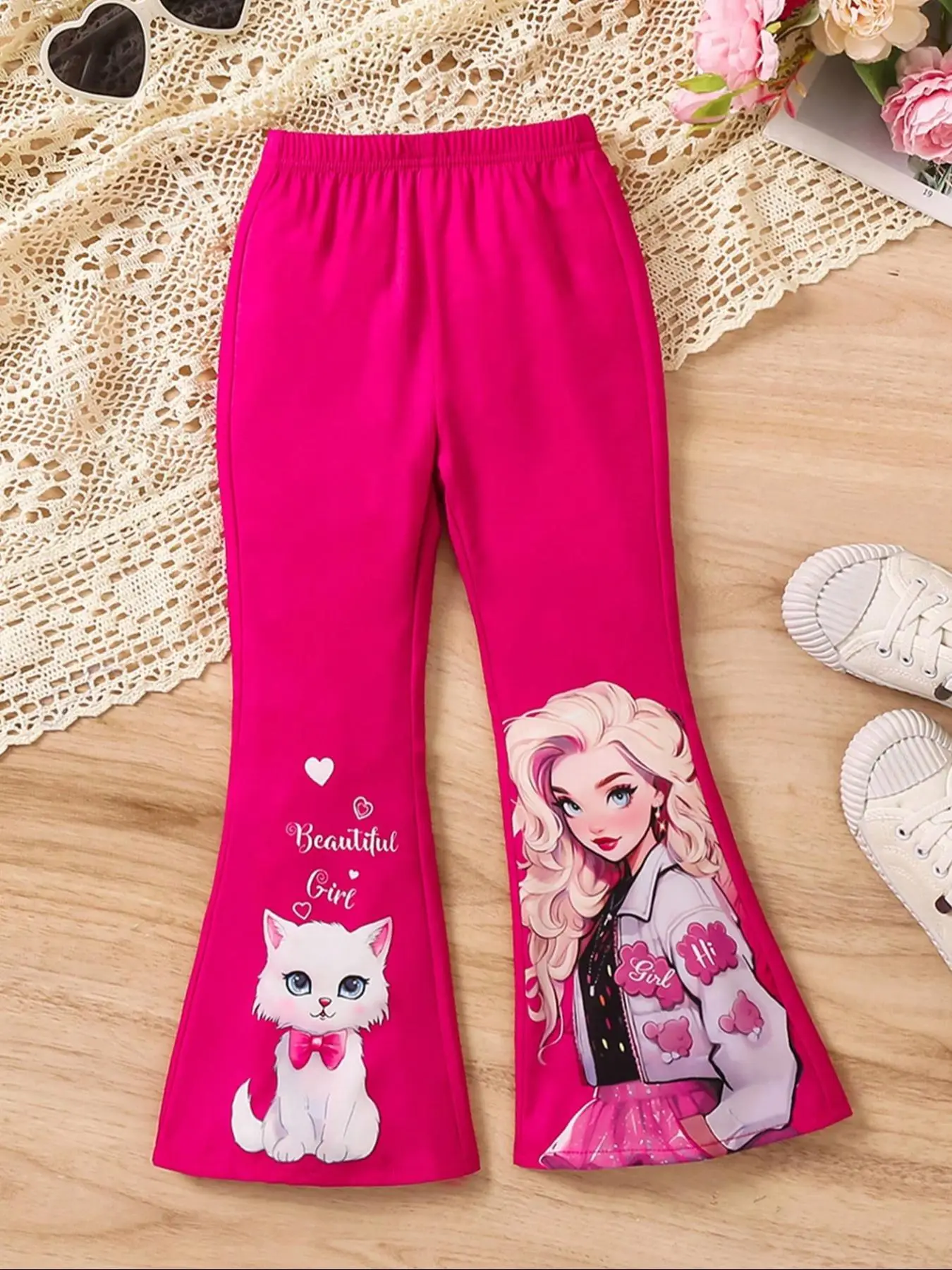 Girl's Cartoon Cat & Figure Print Flare Leg Pants, Cute Elastic Waist Bell Bottom Trousers for Daily Wear, Kids Bottoms for Fall & Winter