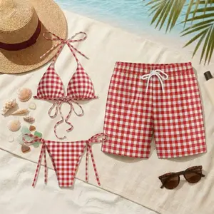 Matching Couple Red Gingham Swimwear Set - Unisex Moisture-Wicking His-and-Hers Swimsuits, Red-White Checkered Bikini, Swim Trunks, Honeymoon Beachwear outdoorfun