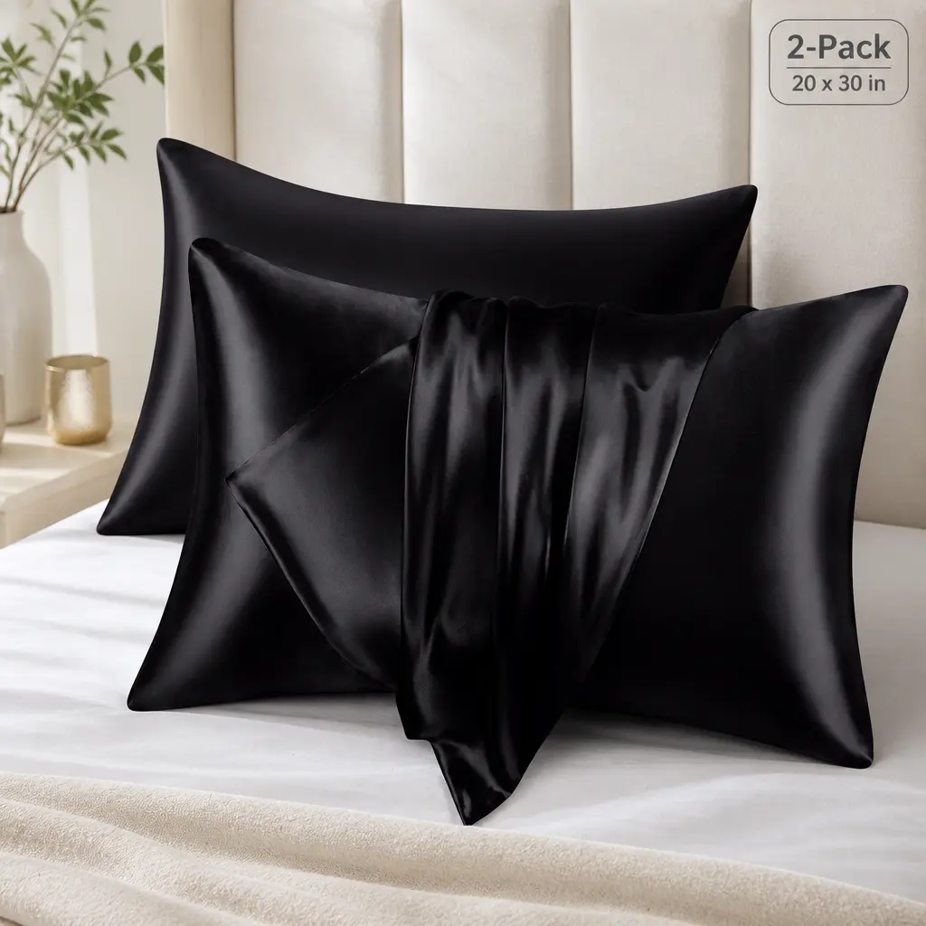 2-Pack Black Satin Queen-Size Pillowcases (20x30 in), Cooling Smooth Envelope Closure Pillow Covers for Hair & Skin Care