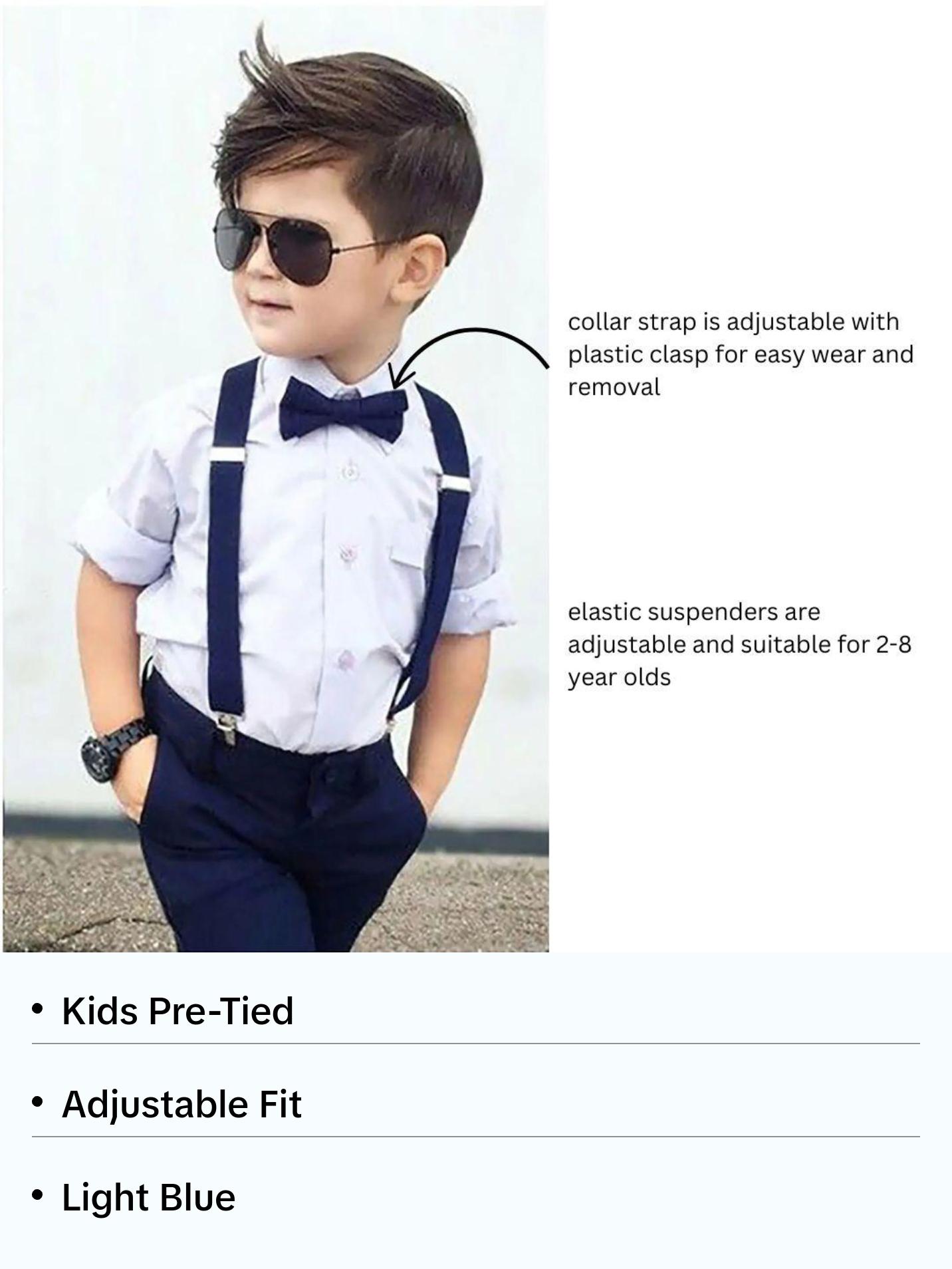 TIE MOOD Silver Cotton Kid's Pre-Tied Bow Tie & Light Blue Suspenders Set | Bow Tie & Suspender for Boys & Dad| Easter Outffit | Matching