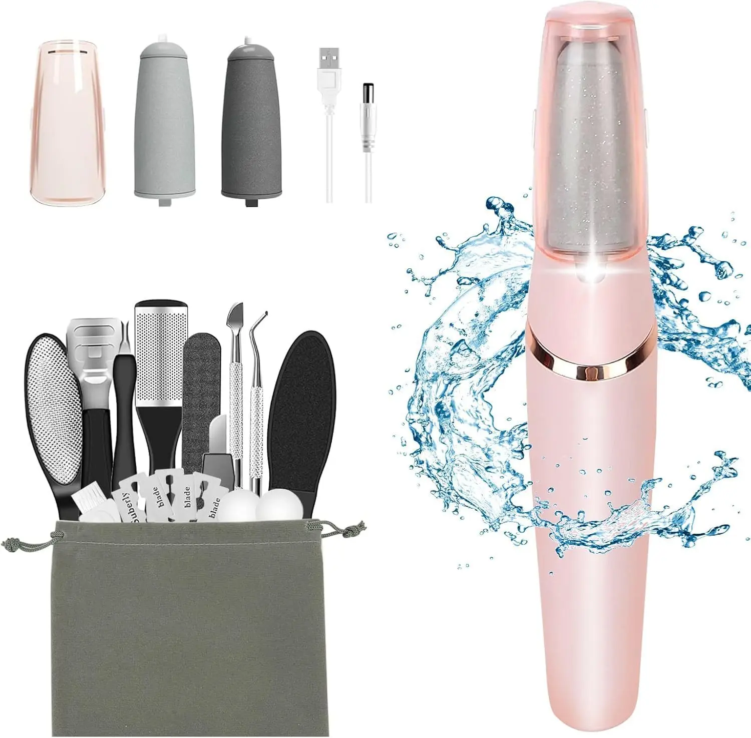 Electric Callus Remover Pedicure Kit, Lightweight & Rechargeable with 2 Speeds & 2 Head Types for Dead Skin, Includes 8-in-1 Waterproof Tool Set