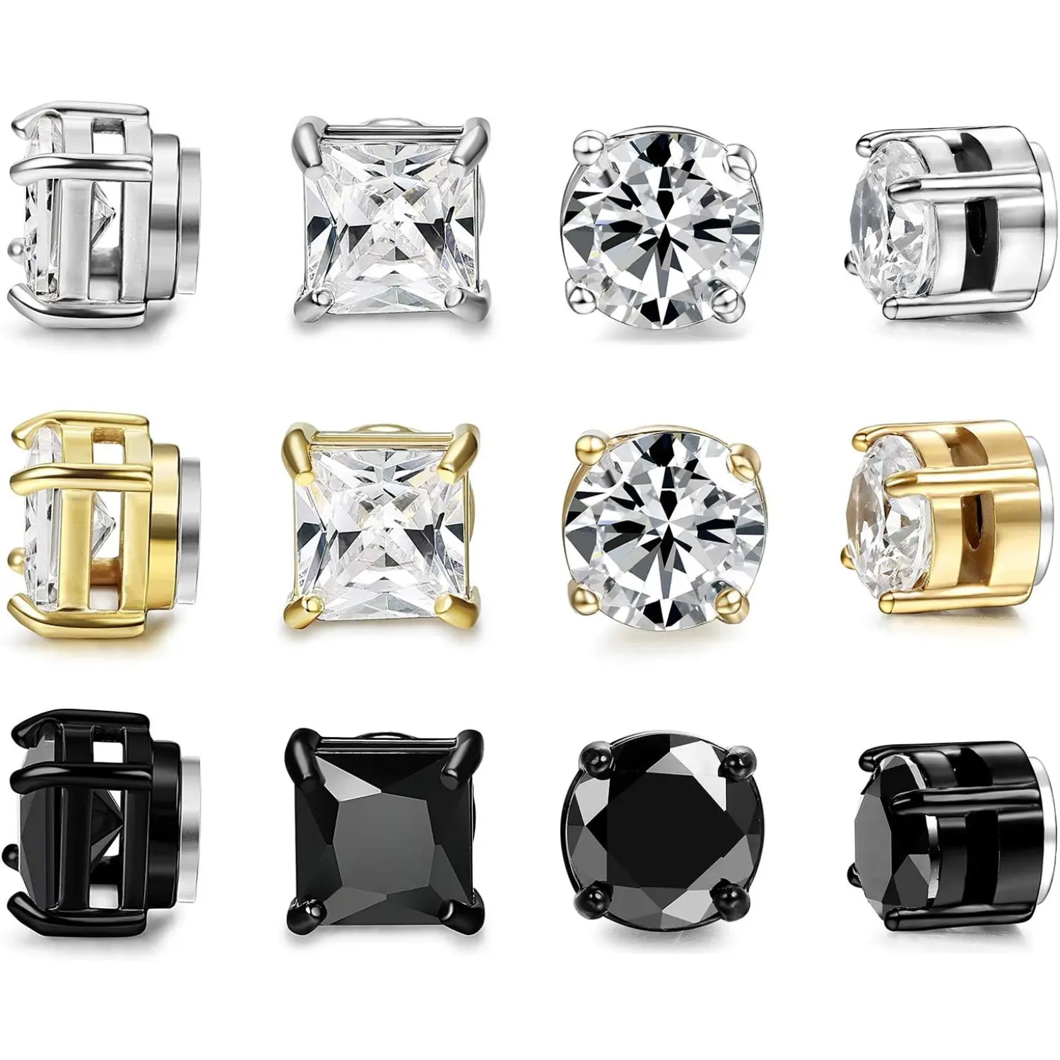 FIBO STEEL 6 Pairs Magnetic Stud Earrings for Men Women Stainless Steel CZ Unisex Magnet Earrings Set Hypoallergenic Non-Piercing Clip On Earrings Fake Earrings Jewelry Silver Gold Black 5-8MM Spring Statements