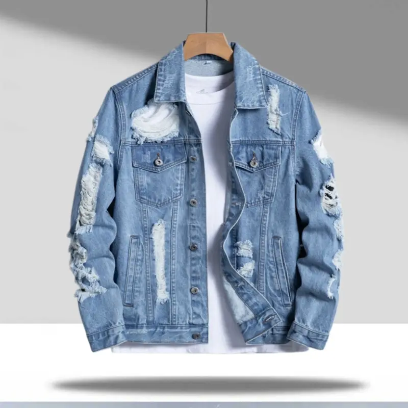 Men’s street-style distressed denim jacket, washed faded light blue with irregular raw hem design, classic loose fit that isn’t tight, comfortable for everyday streetwear outings.