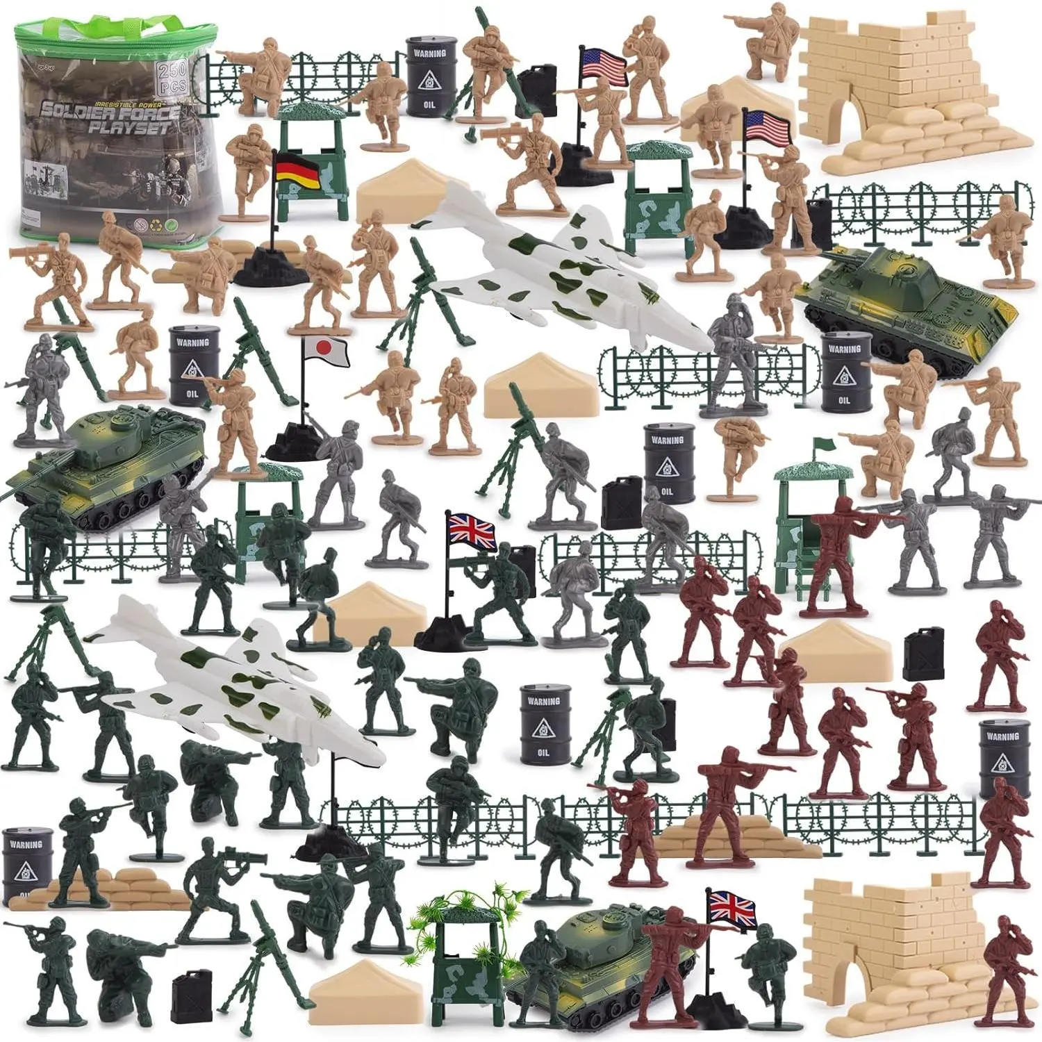 L-MTS018 250PCS Plastic Realistic and Detailed Army Men Toy Soldier Figures Set with Military Accessories & Surface Material, Birthday/Christmas/Thanksgiving Gifts for Boys Ages 8+, Birthday Gift, Christmas Gift