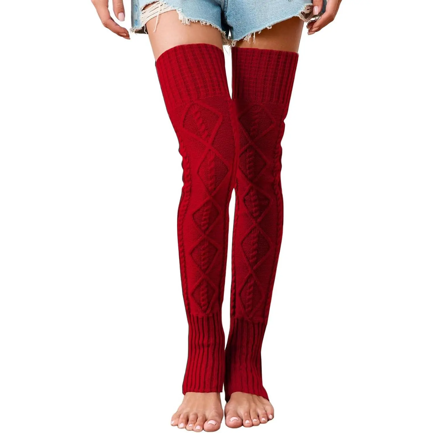 Women's 32 in Extra Long Stirrup Thigh High Footless Socks, Soft Diamond Knit Fabric with Ribbed Fit for Yoga & Dance, Lightweight Acrylic Comfortable Warmth Over-Knee Cuff Sports Socks, Birthday