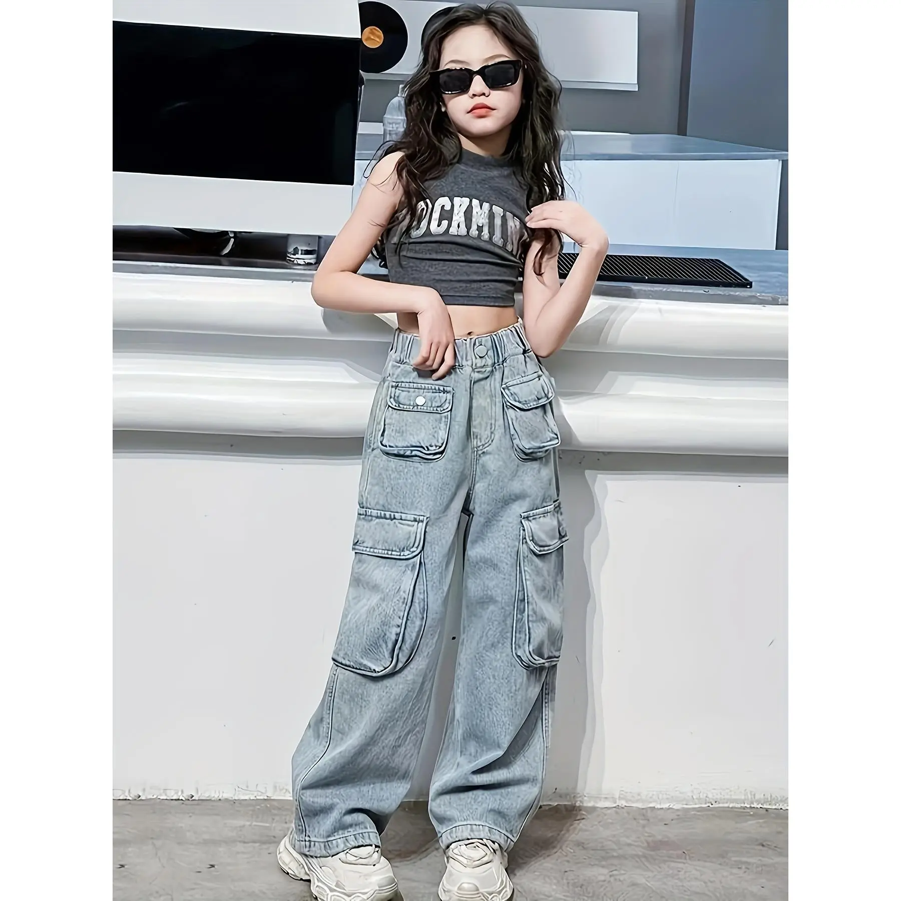 Lightweight Design |             Girls' Rock-Themed Light Wash Denim Cargo  with Flap Pockets - 100% Polyester, Non-Stretch, Machine Washable - Casual Style for Spring vibrant pants boyfriend jeans girls Cute Summer Basic Shorts Set two-piece toddler girl