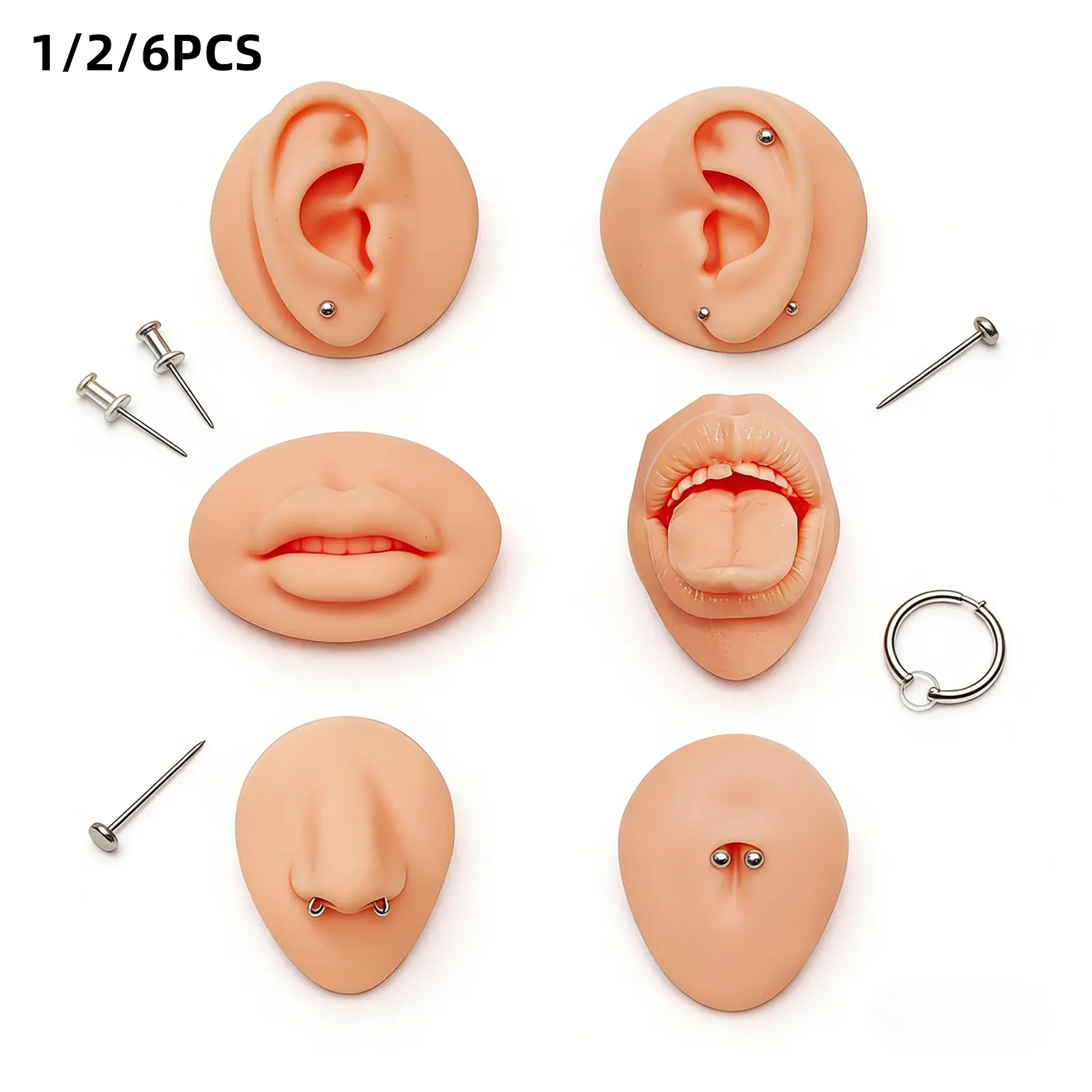 Silicone Piercing Practice Model Set, Realistic Feel Ear Lip Nose Tongue Navel, Body Piercing Training Tool, Beginner and Professional Use