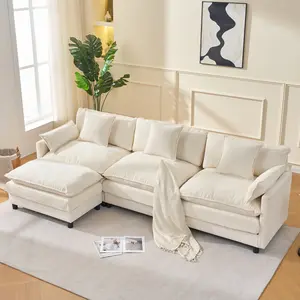 108" L-Shaped Modern Modular Sectional Cloud Sofa with Ottoman, 4-Seat Chenille Deep-Seat Couch with Pillow, Apartment Furniture for Living Room, Bedroom