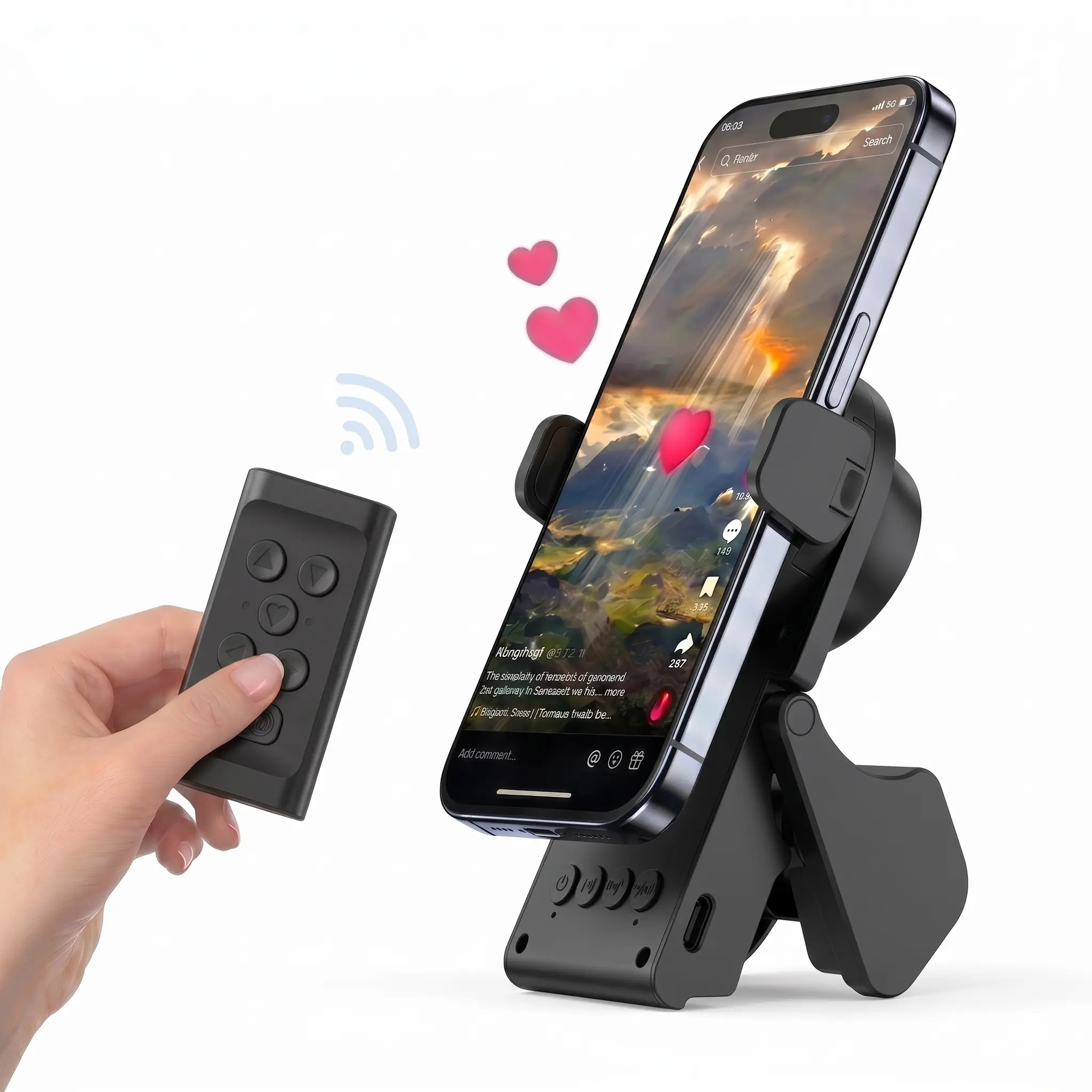 2-in-1 Hands-Free TikTok Scrolling Ring & Foldable Phone Stand | Wireless Bluetooth Page Turner Remote with Bluetooth Speaker for Kindle App & Selfie Shutter