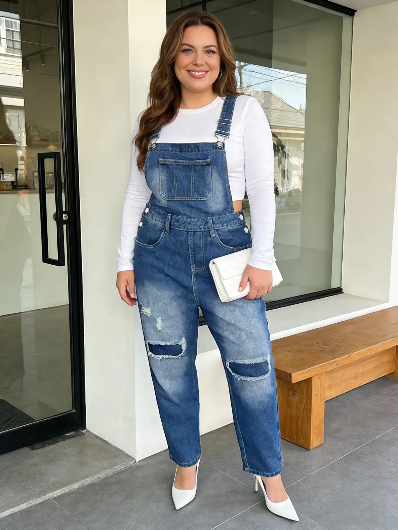 Plus Size Women's Fashion Washed Denim Fabric Overalls, Casual Basic Loose Fit Bib Pants, All Seasons Wear, Perfect for Dates and Daily, Womenswear