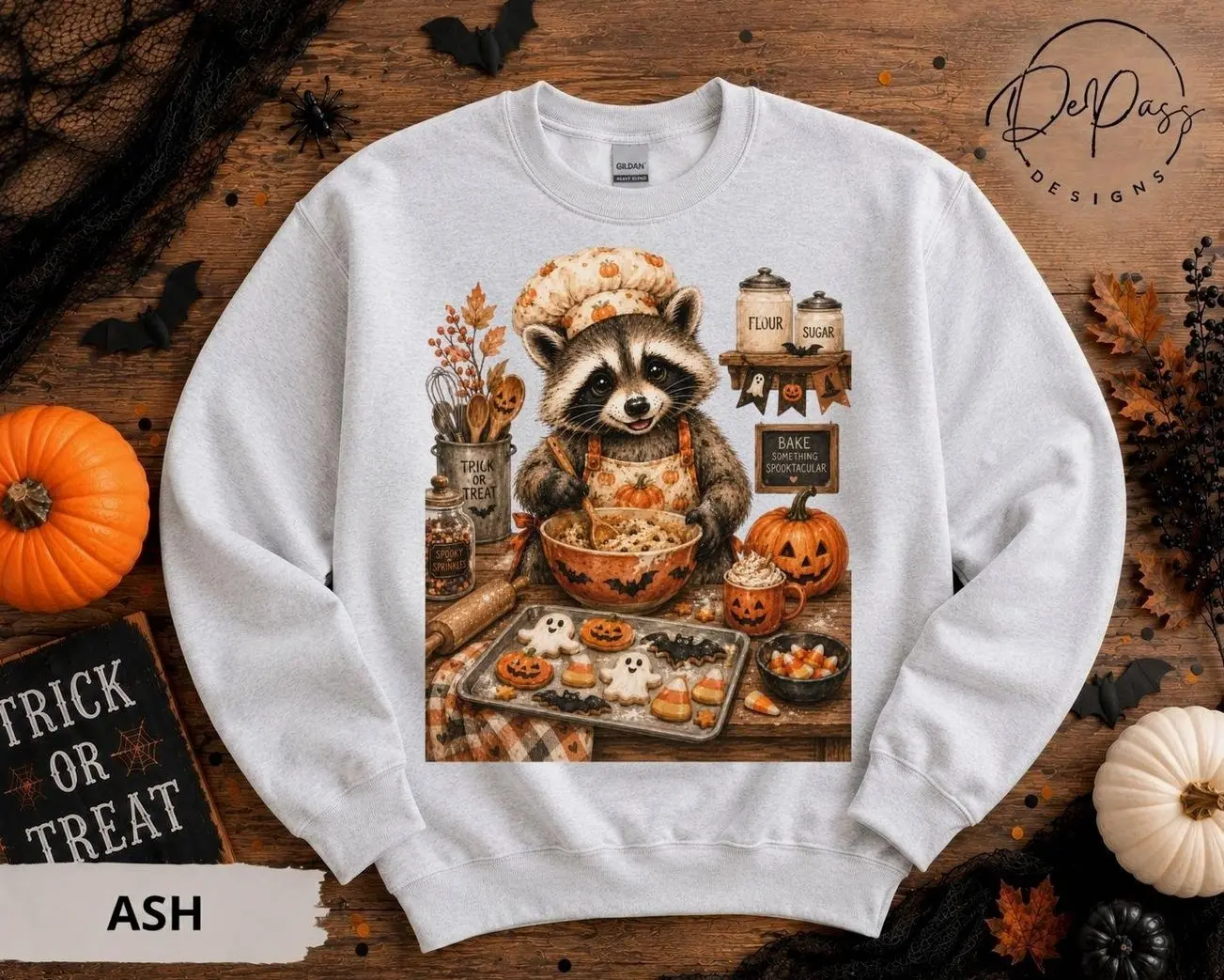 Cute Baking Raccoon Sweatshirt, Cozy Fall Crewneck, Halloween Baking Sweatshirt, Cookie Lover Gift for Bakers, Autumn Cute Animal Graphic Pullover, Gildan 18000 Oversized Aesthetic Jumper, Spooky Season Baker Apparel, Cute Gift for Women & Men