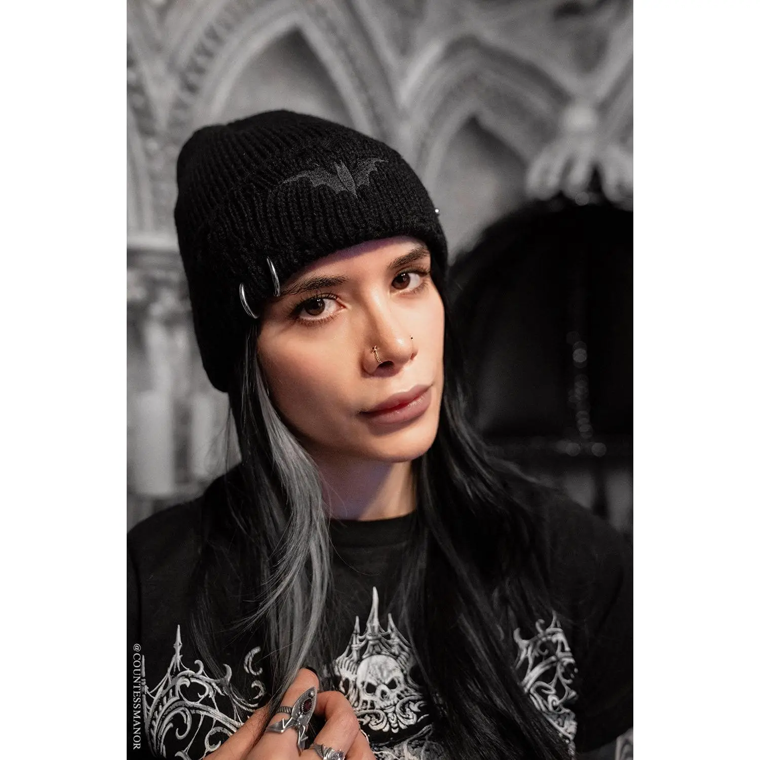 Distressed Pierced Beanie [Black Bat]