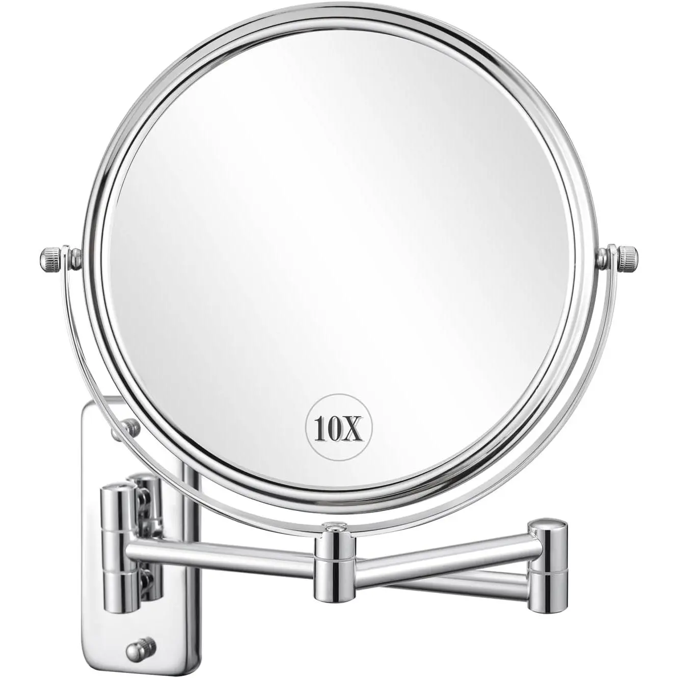 Wall-Mounted Magnifying Mirror, 8-Inch Double-Sided with 10x Magnification, 360° Swivel and 12-Inch Extendable Steel Arm, Chrome Finish for Bathroom Makeup, Durable