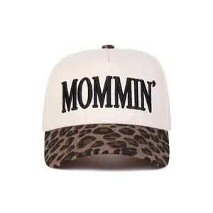 Women's "MOMMIN" Embroidered Trucker Hat, Casual Trendy Cap with Leopard Print Brim and an Adjustable Mesh Back for Outdoor Wear, Casual Trendy Hat