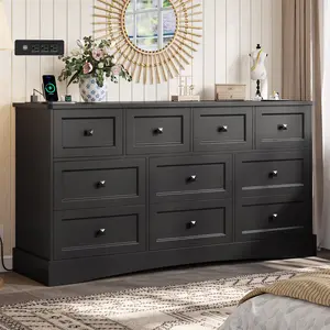 Hasuit 55.2 Inch Dresser with 10 Drawers and Charging Station Farmhouse Long Drawer Dresser Wooden Storage Tower Organizer for Bedroom Closet