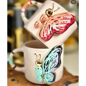 AQUADAN.co Butterfly Ceramic Mug and Saucer   Cup Handmade Coffee Washable  Reusable Drink