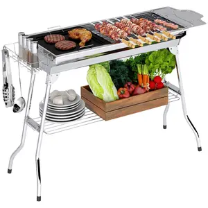 Outsunny Portable Charcoal Grill, Stainless Steel Folding Barbecue BBQ Grill with Pan, Grill Rack, Shelves and Hooks for Backyard Cooking, Camping, Picnic, Party, Tailgating and Travel