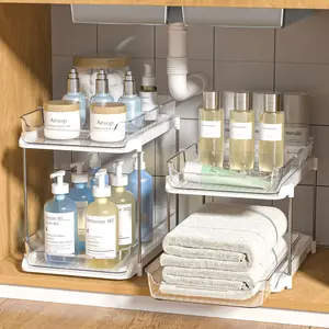2 Sets of 2-Tier Multi-Purpose Bathroom Under Sink Organizers and Storage, Pull Out Medicine Cabinet Organizer with 8 Movable Dividers Racks, Modern