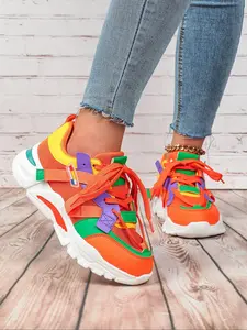 Women's Fashionable Colorblock Lace Up Low Top Sneakers, Casual Comfortable Breathable Sports Running Shoes, Athletic Running Shoes, Sporty Running Shoes, All-match Round Toe Chunky Sneakers for Daily Wear