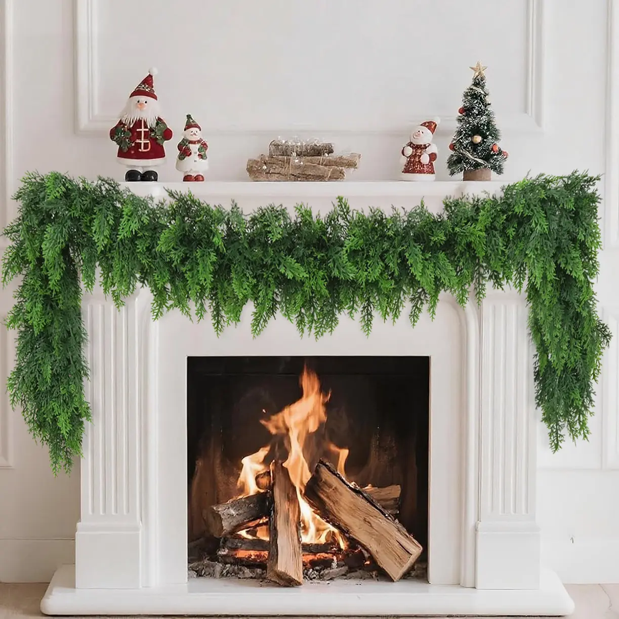 6 Ft 2 Pcs Artificial Cedar Garlands, Fluffy Drape Soft Realistic Cedar  Garland, Green Artificial Greenery Garland for Table, Mantle, Wall, Indoor, Outdoor Winter Christmas Decorations (2, 6 FT)