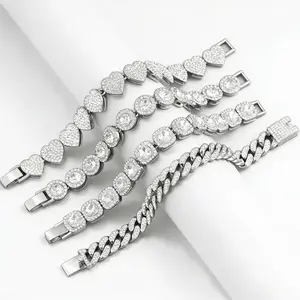 4-piece lady's layered bracelet set, gold and silver color square/round diamond tennis chains + heart-shaped chain + Cuban chain, imitation crystal inlay, hypoallergenic, 8 inches, fashionable layered jewelry gift,Fashion Accessories bracelets