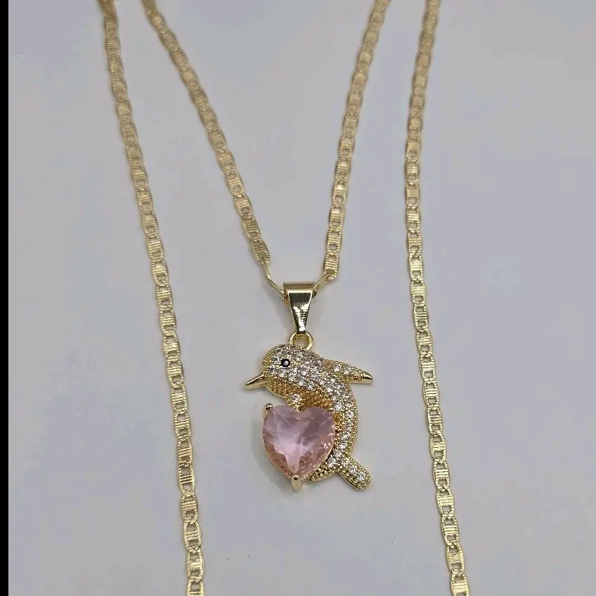 Dolphin beautiful necklace pink heart stone' color gold-plated 24"inches