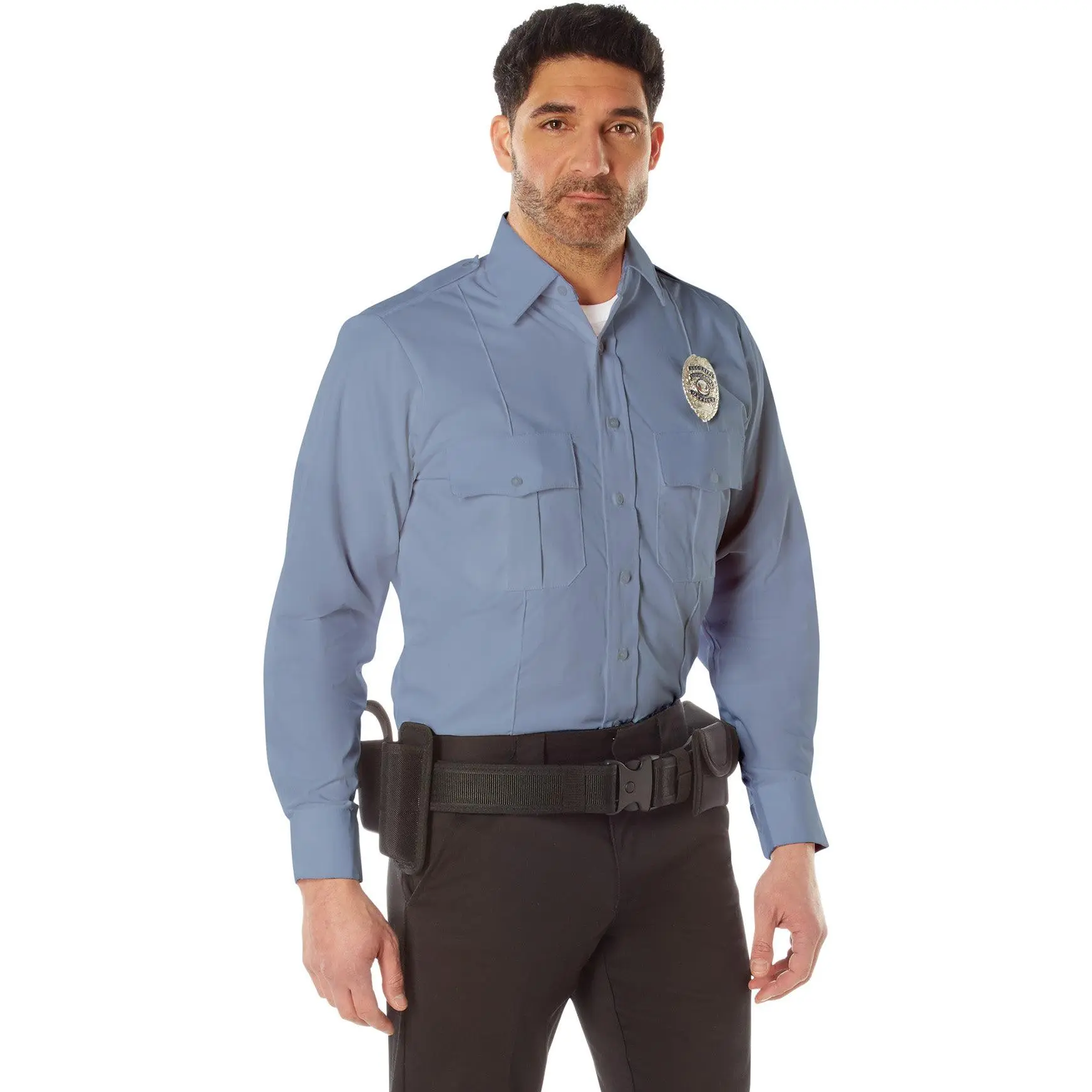 Men's Official Law Enforcement Long-Sleeve Uniform Shirt - Light Blue Dress Shirt with Durable Fabric and Badge Compatibility, Men's Workwear & Menswear Essential, Pleated