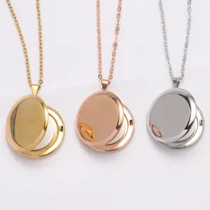 Mirror Polished Round Photo Box Necklace Glossy Surface Geometric Photo Holder Minimalist Chain Modern Versatile Accessories