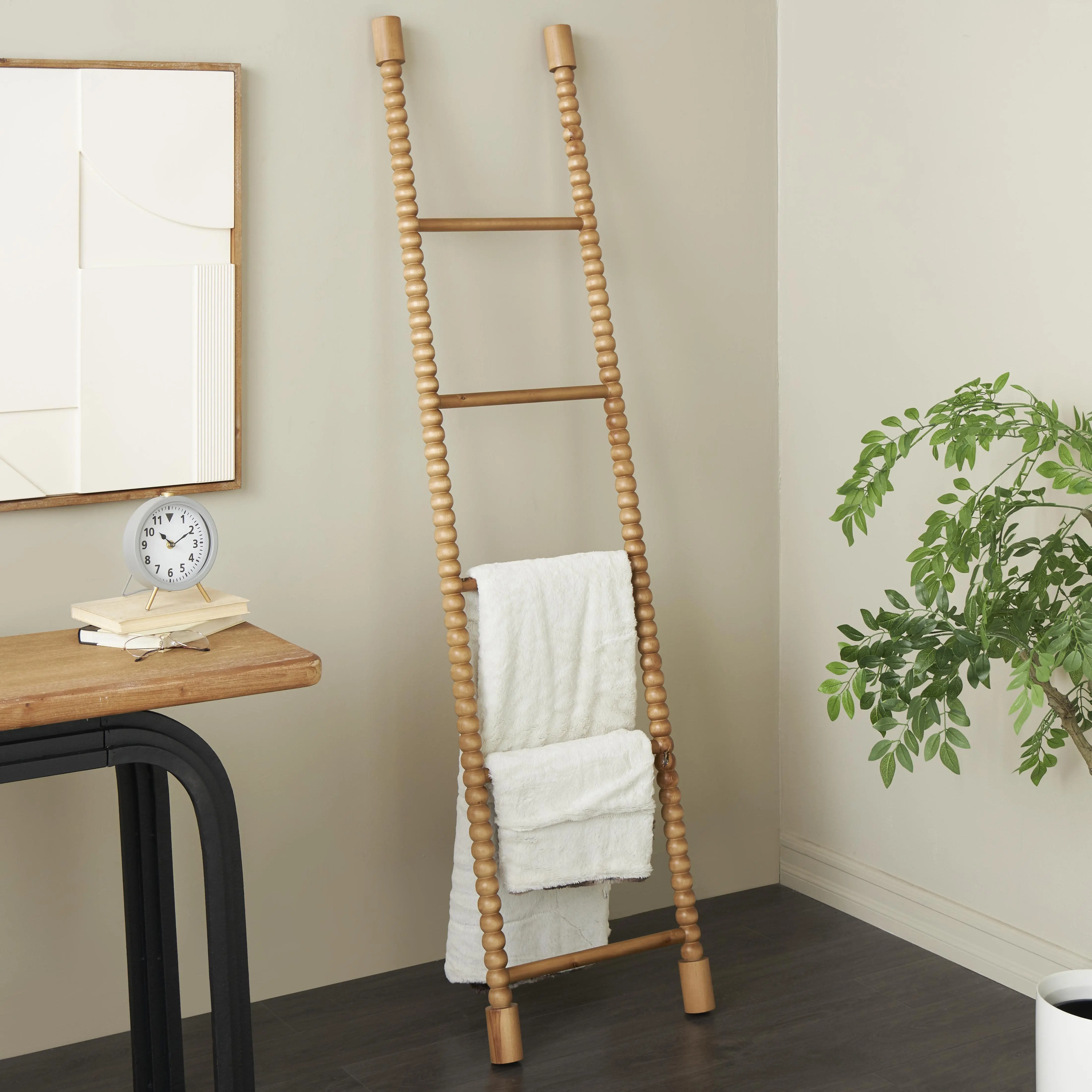 Wooden Farmhouse Rectangular 5-Rung Brown Beaded Decorative Ladder, Blanket Rack, 17" x 2" x 73"