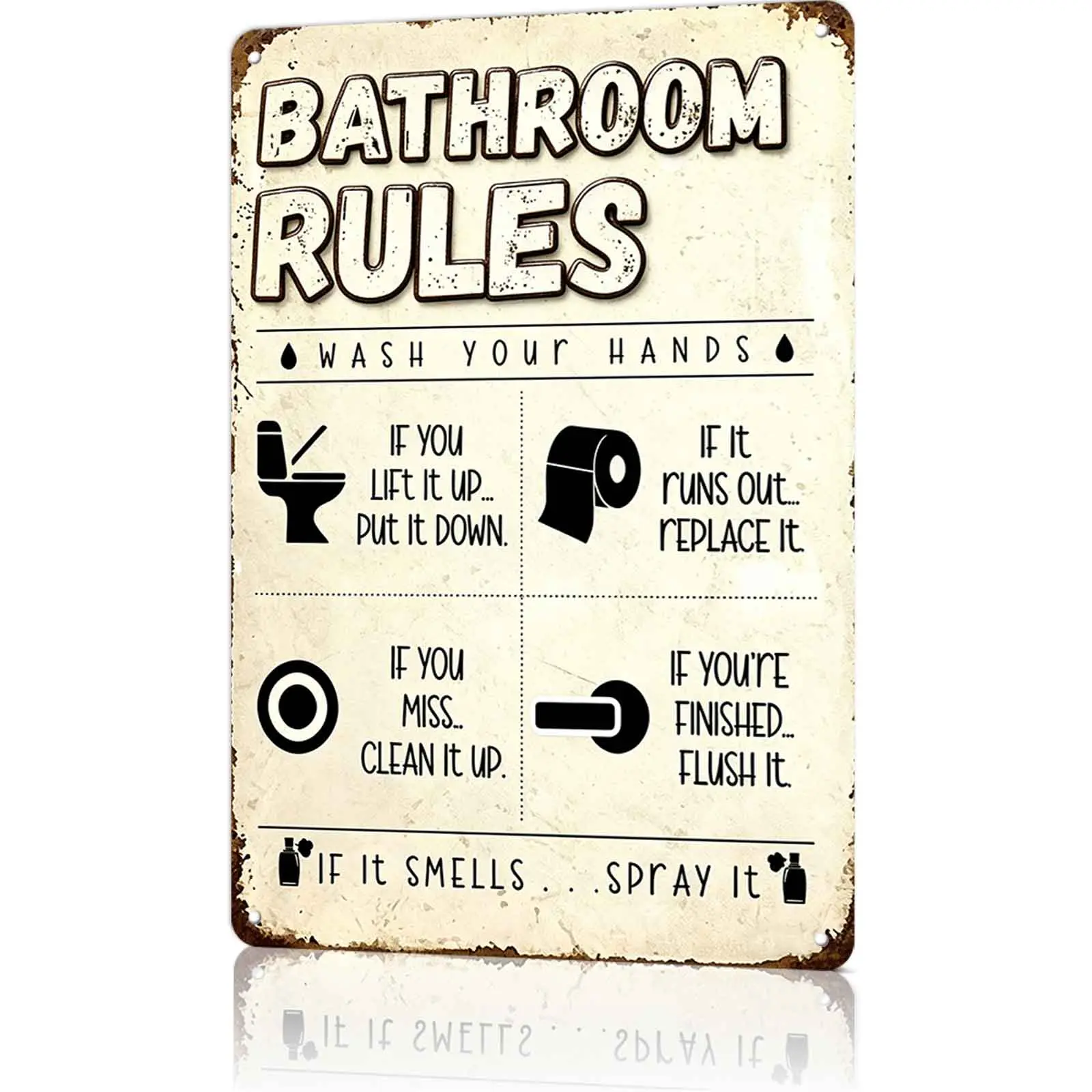 Bathroom Rules Funny Humorous 8x12 Inch Aluminum Metal Sign - Vintage Wall Decor for Bathroom, Restroom, Home, Apartment - Funny Sarcastic Bathroom Tin Sign