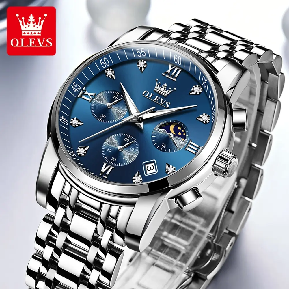 OLEVS Genuine Men's Watch Stainless Steel Waterproof Date Luminous Diamond Roman Numeral Watch Moon Phase Watch Birthday Gift 2858 Reloj de cuarzo de hombre