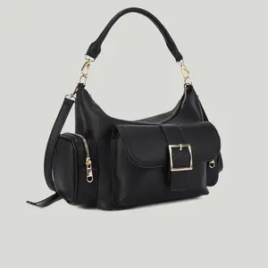 Buckle Pocket Bag Stylish Women's Shoulder Bag with Practical Pockets Gold-Tone Hardware Everyday Use Black Leather Handbag