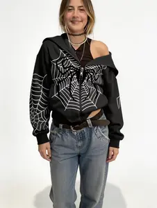 VVZ 2026 Women Men Zip Up Oversized Y2K Hoodie Spider Graphic Full Zipper Sweatshirt Teen Girls Grunge Streetwear Jacket Cropped Style Aesthetics