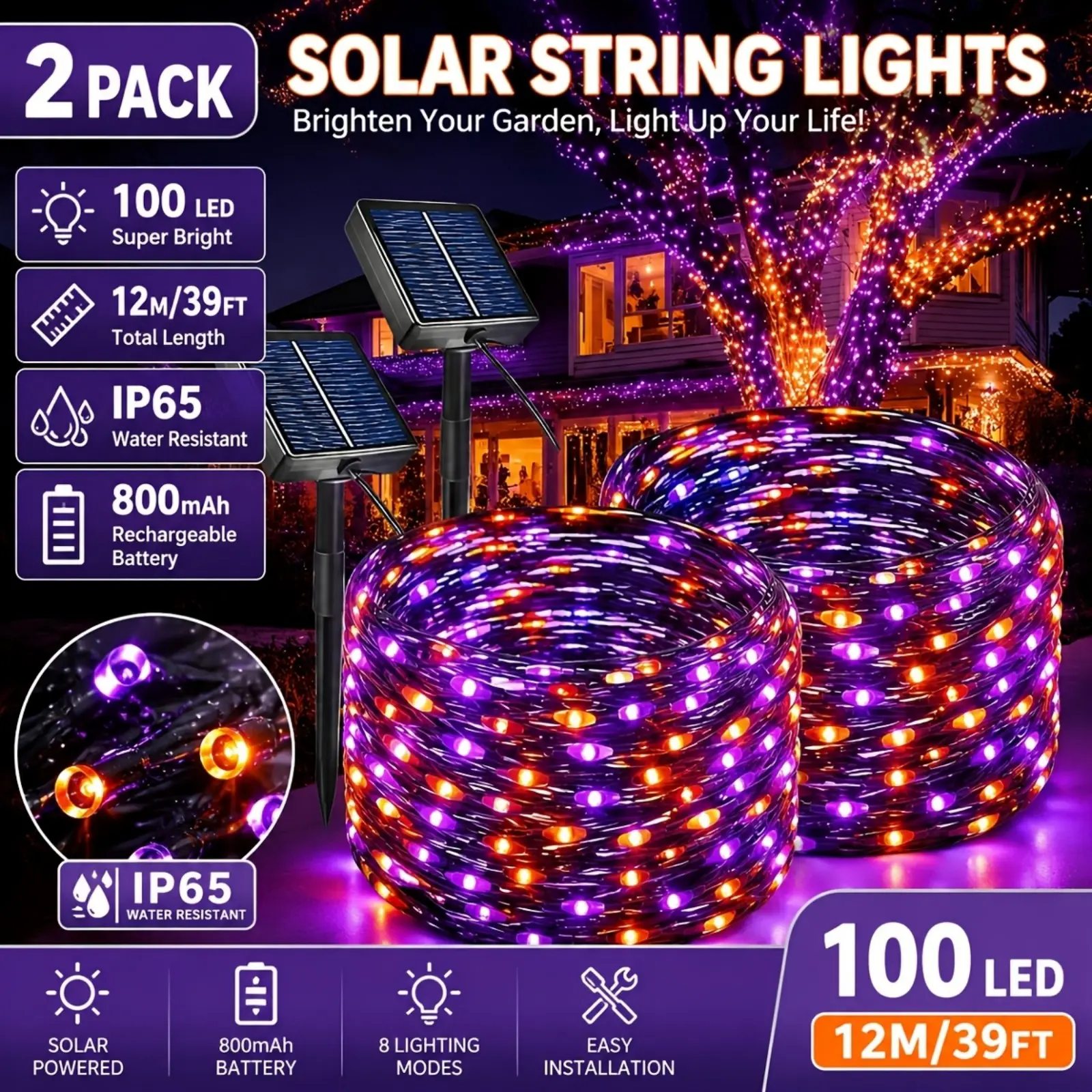2-Pack Rechargeable Solar String Lights, 12m/39FT 100LED Orange-Purple Spooky Vibes Fairy Lights, IP65 Outdoor Splash-Proof for Outdoor Festivity, Home Yards Gardens Party Decor, Set
