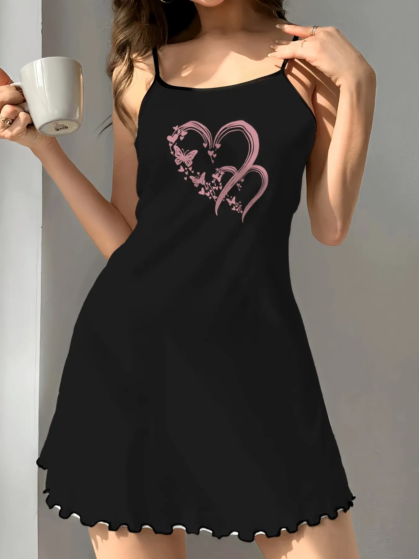 Women's Strapless Nightdress, Heart Butterfly Print Pajamas, Fitted Casual Home Wear, Loungewear, Sweet Healing Essential Nightwear