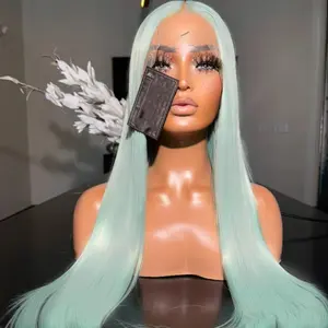 Mint Green Wig Long Striaght Hair Pre-Plucked Hairline Heat Resistant Synthetic Glueless Hair 28 Inch Gift for Her Free Part for Natural Look