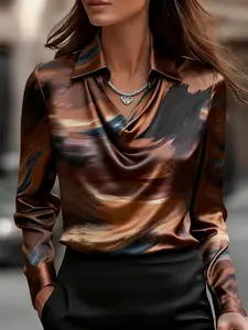 Women's clothing new fashion temperament Geometric printed simple fitted lapel blouse shirt color satin oil painting print long sleeved commuting simple luxury shirt collar women's top