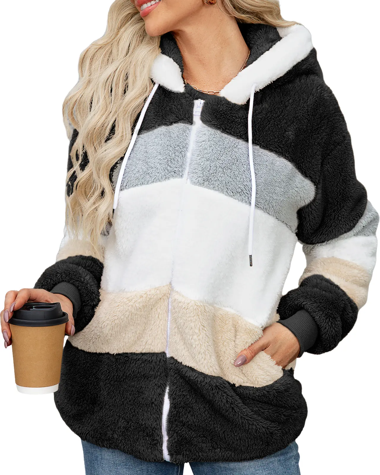 UMIPUBO Shop Women's Winter Jacket, Warm Sherpa Hooded Jacket, Winter Fleece Teddy Jacket, Zippered Plush Jacket, Fleece Jacket, Hoodie, Casual Cozy Jacket, Women's Fluffy Jacket with Pockets