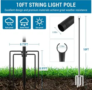 4 /8 Pack 10FT String Light Poles for Outside, Heavy Duty Metal Lights Hanger Pole Outdoor with Fork, for Patio Decor Garden Backyard Yard Front Porch Outside Decoratio