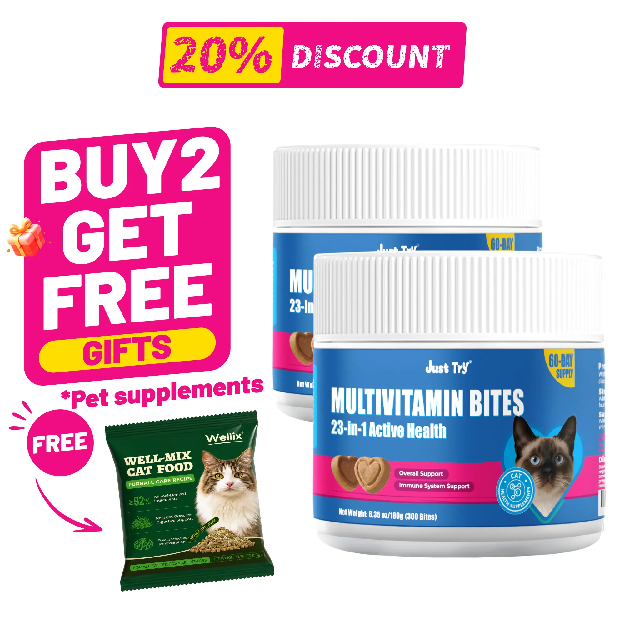 Just Try 23 in 1 Taurine for Cats Vitamins Treats with L-Lysine for Immune, Joint Support Skin & Coat & Heart Health - Multivitamin, HIV Omega 3, Biotin Supplements for Indoor & Senior Cat - 300 Bites