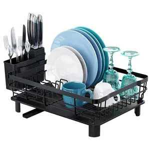 Kitchen countertop dish drying rack, Dish Drying Organiser, utensil rack, metal draining device, smart drainage system with removable utensil rack, home-use hand-washing utensil assistant, apartment space-saving.