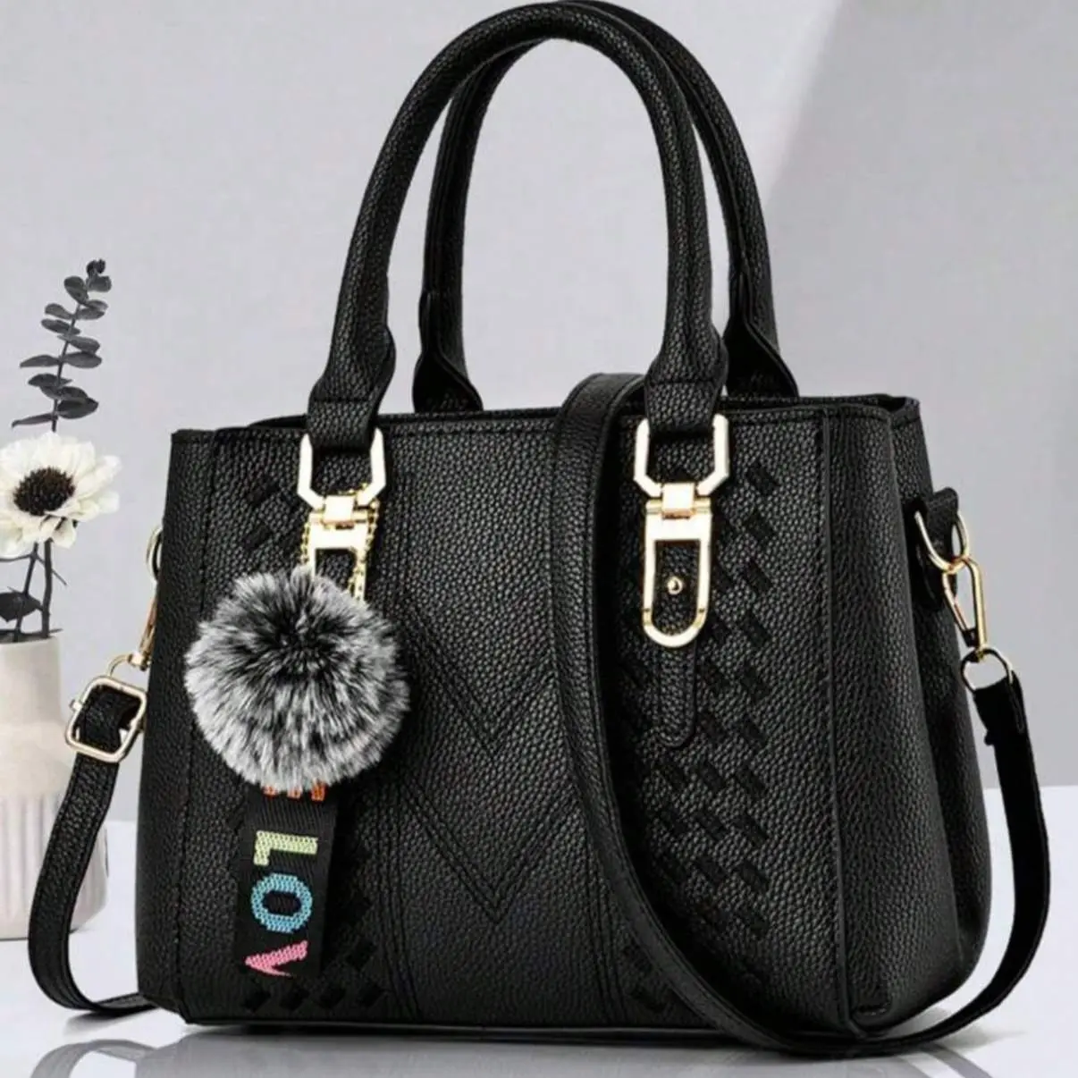 New Shoulder Crossbody Bag with Fur Ball Pendant, Casual Style Handbag, Everyday Work Bag, Mother's Day Gift for Mom, Perfect for Office, College, Work, Business, Commuting, Outdoor, Travel, Outing