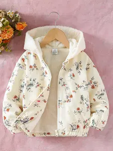 Girls' Fall Winter Fashion Hooded Zipper Long Sleeve Jacket, Floral Print Fleece Lined Coat, Casual Comfortable Outerwear for 4y-8y, Fleece Lining, Zipper Closure, Floral Pattern, Zip Up Jacket, Warm Jacket