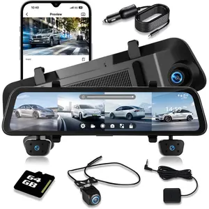 12'' Rearview Mirror Camera for Cars,  360 Degree View 4 Channel Cam, 1080Px4 Rear View Mirror Cam, IR Night Vision for Left and Right Inside Car Camera, GPS, WiFi/APP Control + 64GB Card
