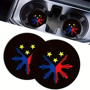 Set of 2 Philippine Sun And Stars Car Cup Holder Coasters - Non-Slip, Easy-To-Clean Rubber Inserts for Vehicle Decoration