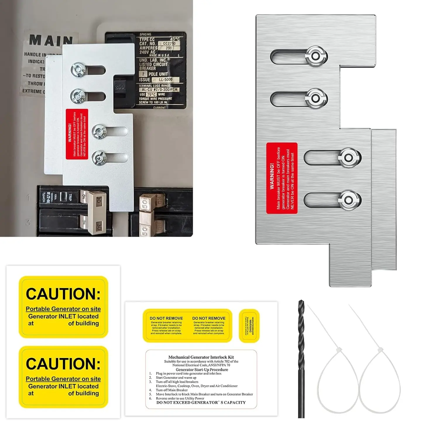 Generator Interlock Kit for Cutler Hammer Vertical Throw CH Series CH5 - 150/200 A, 2.25" Space, Full Kit with Metal Plate, Safety Lockout, 1 Matching Drill Bit, 2 Zip Ties, 1 Instruction, 4 Hex Nuts, 5 Remind Labels