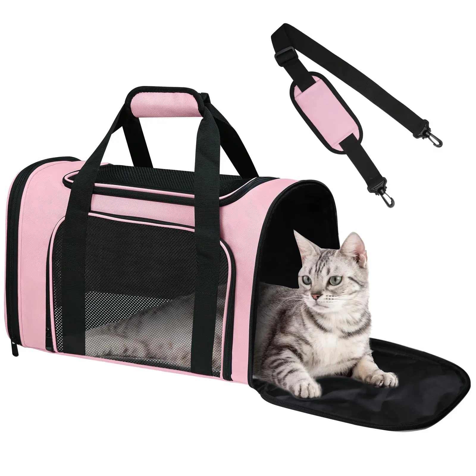 Pet Carrier for Small Medium Cats Dogs Puppies up to 15 Lbs, TSA Airline Approved, Soft Sided, Collapsible Travel - Pink