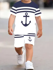 Boys Summer Fashion 3D Print Short Sleeve T-Shirt Set, Geometric Pattern Casual, 2 Piece Set for Daily Outdoor Wear