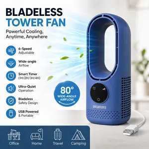 Bladeless Tower Fan 6-Speed Adjustable Wide-Angle Airflow Smart Timer Ultra-Quiet USB Powered Portable for Office Home Travel Camping