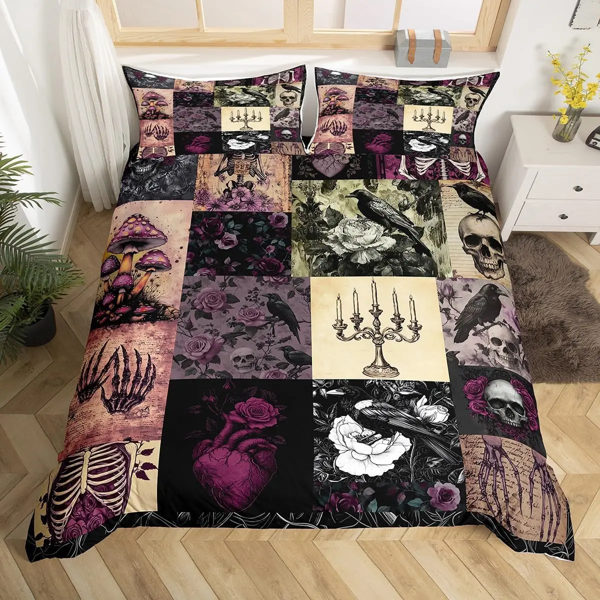 Gothic Crow Bedding Set,Sugar Skull Duvet Cover Set Room Decor,Purple Rose Flower Mushroom Comforter Cover Vintage Black Patchwork Plaid Quilt Cover